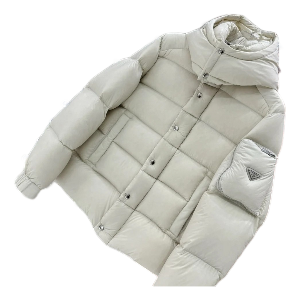 Prada Hooded Puffer Jacket – Iconic Sleeve Pouch Design